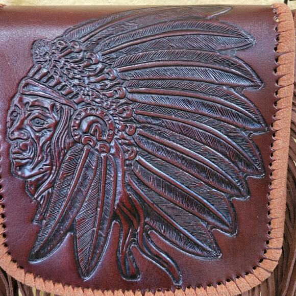 Native American Chief Head Crossbody Fringed Purse Genuine Leather Embossed Brow - Picture 15 of 16